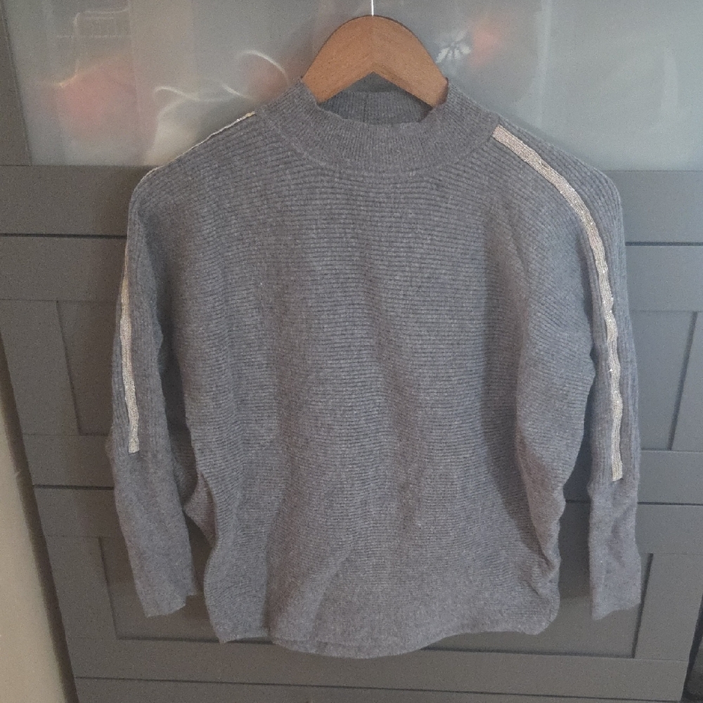 Jennifer Lopez Gray Crewneck Sweater with Silver Beaded Stripe